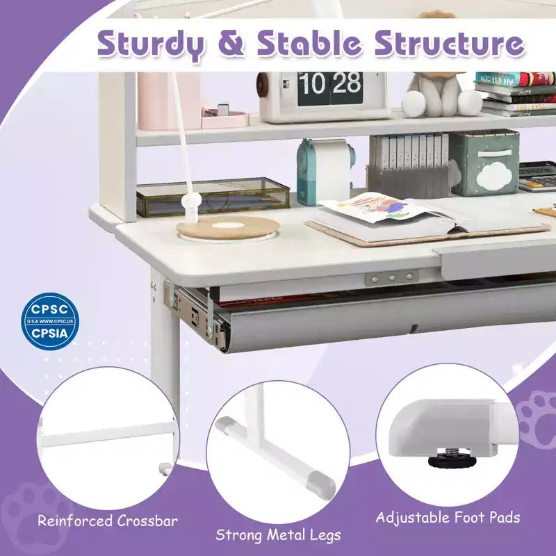 Costway Kids Study Desk with 7-Level Tiltable Desktop Adjustable Height Pull Out Drawer Blue/Grey/Pink