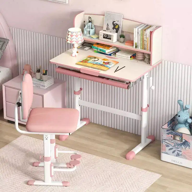 Costway Kids Study Desk with 7-Level Tiltable Desktop Adjustable Height Pull Out Drawer Blue/Grey/Pink