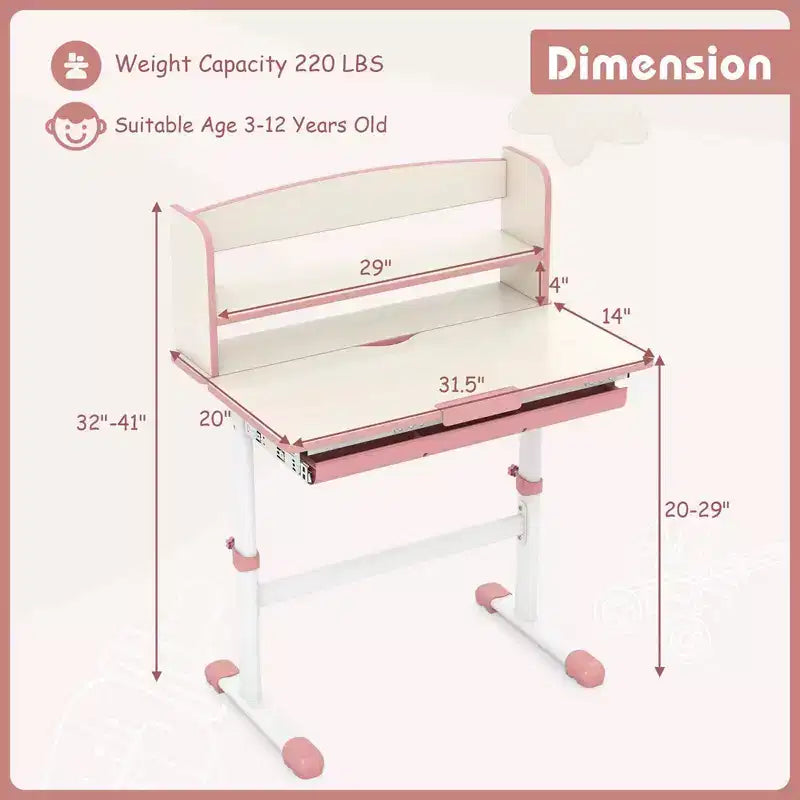 Costway Kids Study Desk with 7-Level Tiltable Desktop Adjustable Height Pull Out Drawer Blue/Grey/Pink