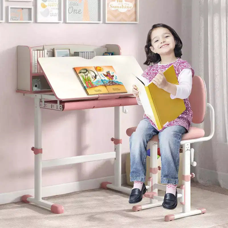 Costway Kids Study Desk with 7-Level Tiltable Desktop Adjustable Height Pull Out Drawer Blue/Grey/Pink