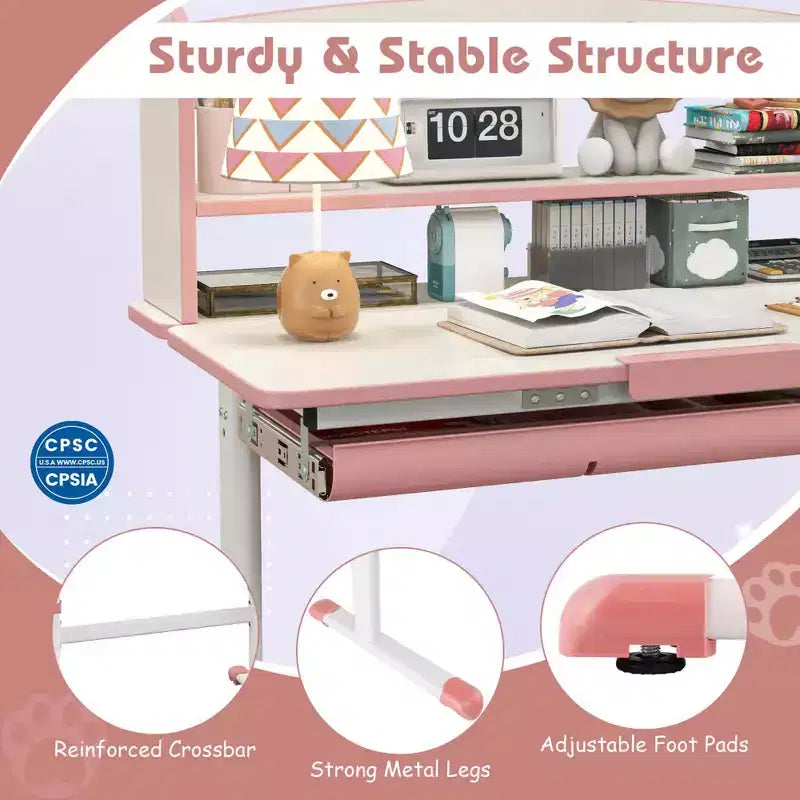 Costway Kids Study Desk with 7-Level Tiltable Desktop Adjustable Height Pull Out Drawer Blue/Grey/Pink
