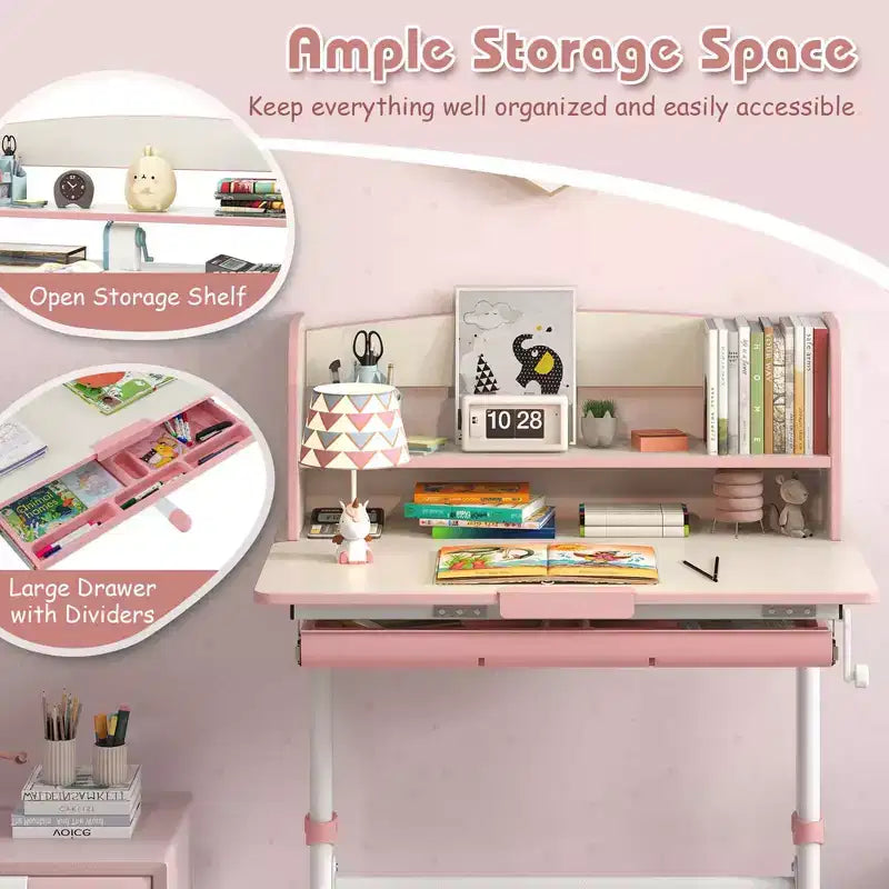 Costway Kids Study Desk with 7-Level Tiltable Desktop Adjustable Height Pull Out Drawer Blue/Grey/Pink