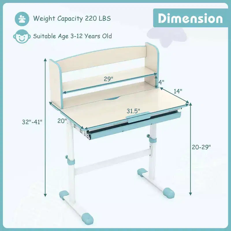 Costway Kids Study Desk with 7-Level Tiltable Desktop Adjustable Height Pull Out Drawer Blue/Grey/Pink