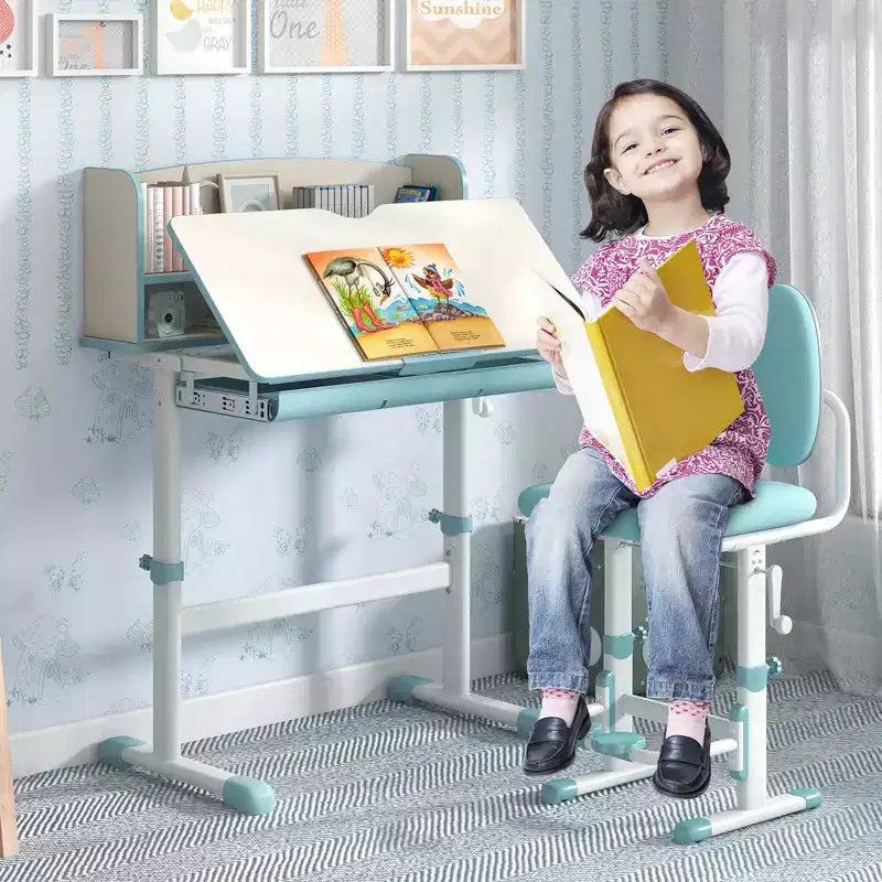 Costway Kids Study Desk with 7-Level Tiltable Desktop Adjustable Height Pull Out Drawer Blue/Grey/Pink