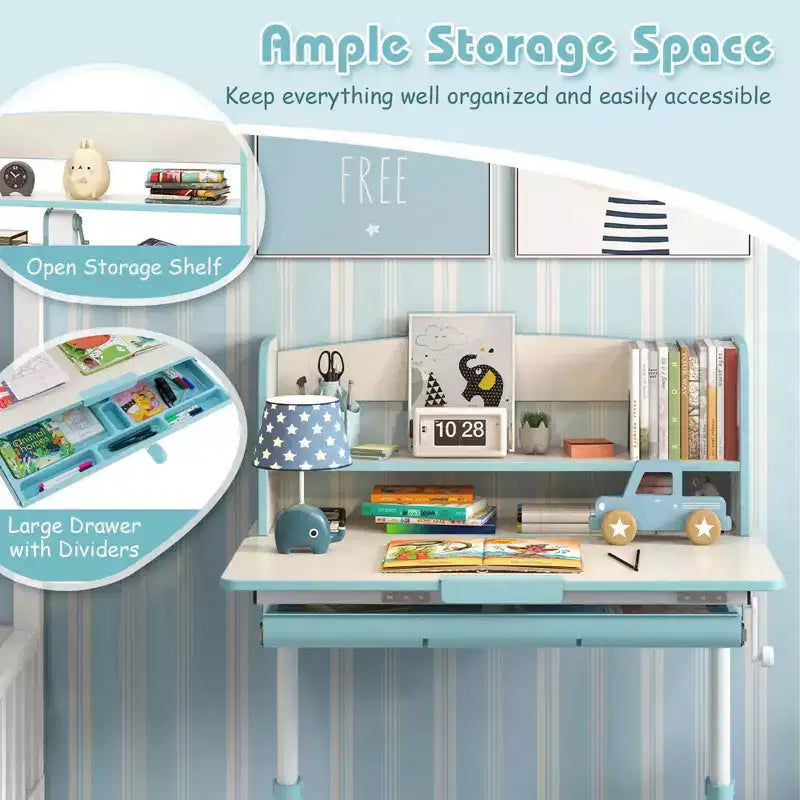 Costway Kids Study Desk with 7-Level Tiltable Desktop Adjustable Height Pull Out Drawer Blue/Grey/Pink