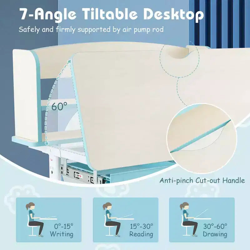 Costway Kids Study Desk with 7-Level Tiltable Desktop Adjustable Height Pull Out Drawer Blue/Grey/Pink