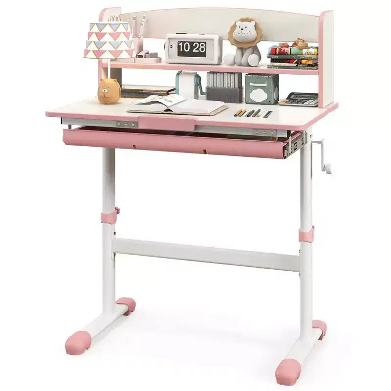 Costway Kids Study Desk with 7-Level Tiltable Desktop Adjustable Height Pull Out Drawer Blue/Grey/Pink