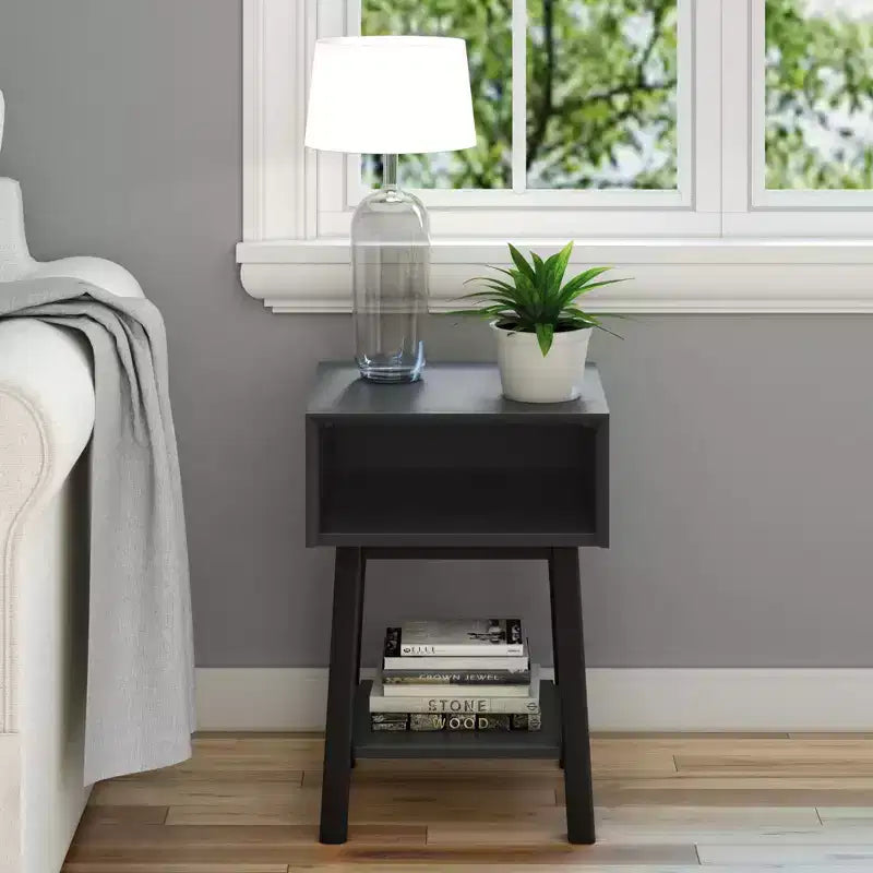 Plank+Beam Mid - Century Modern Nightstand with Cubby Shelf, Solid Wood Bedside Table for Bedroom