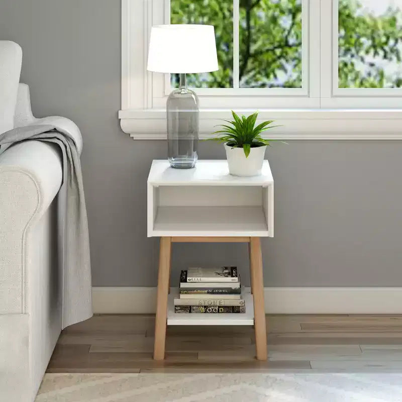 Plank+Beam Mid - Century Modern Nightstand with Cubby Shelf, Solid Wood Bedside Table for Bedroom