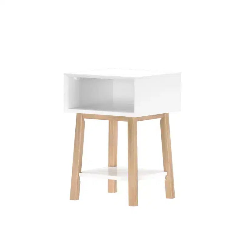 Plank+Beam Mid - Century Modern Nightstand with Cubby Shelf, Solid Wood Bedside Table for Bedroom
