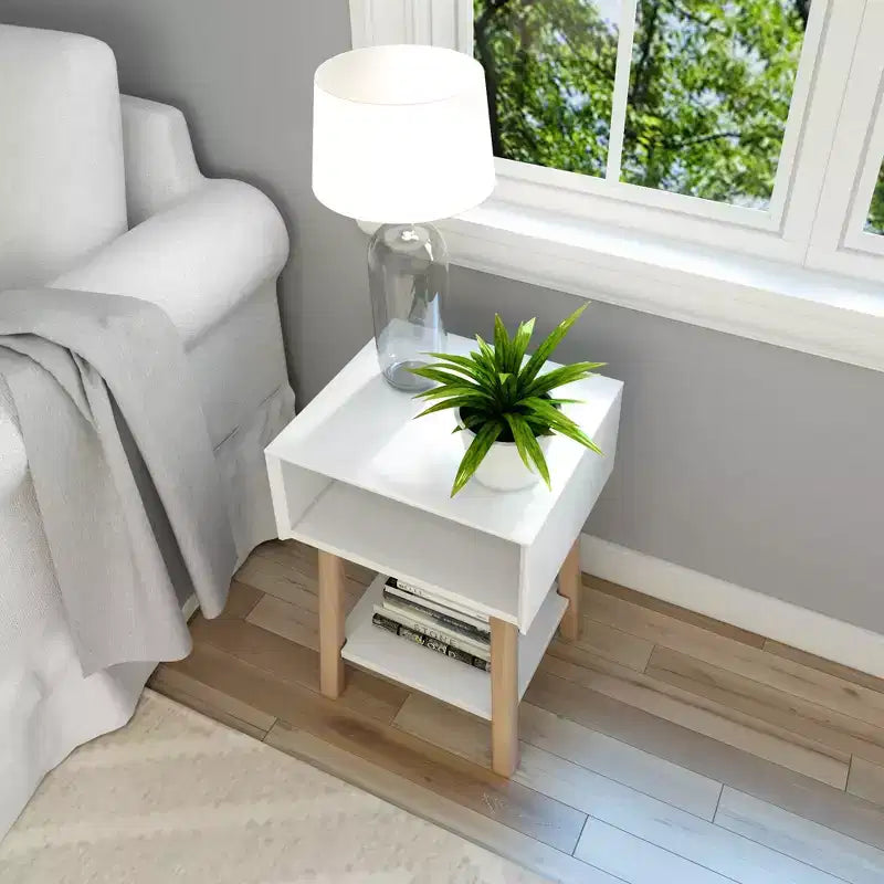 Plank+Beam Mid - Century Modern Nightstand with Cubby Shelf, Solid Wood Bedside Table for Bedroom