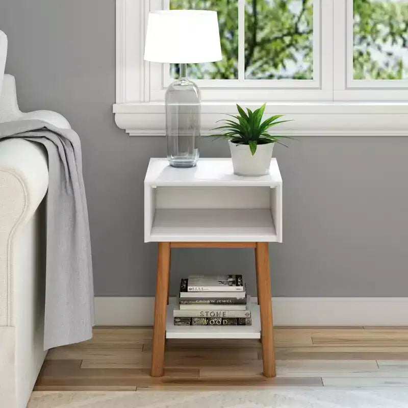 Plank+Beam Mid - Century Modern Nightstand with Cubby Shelf, Solid Wood Bedside Table for Bedroom