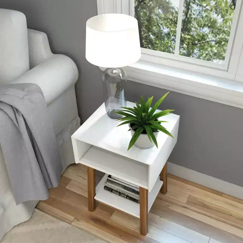 Plank+Beam Mid - Century Modern Nightstand with Cubby Shelf, Solid Wood Bedside Table for Bedroom