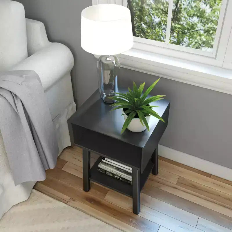 Plank+Beam Mid - Century Modern Nightstand with Cubby Shelf, Solid Wood Bedside Table for Bedroom