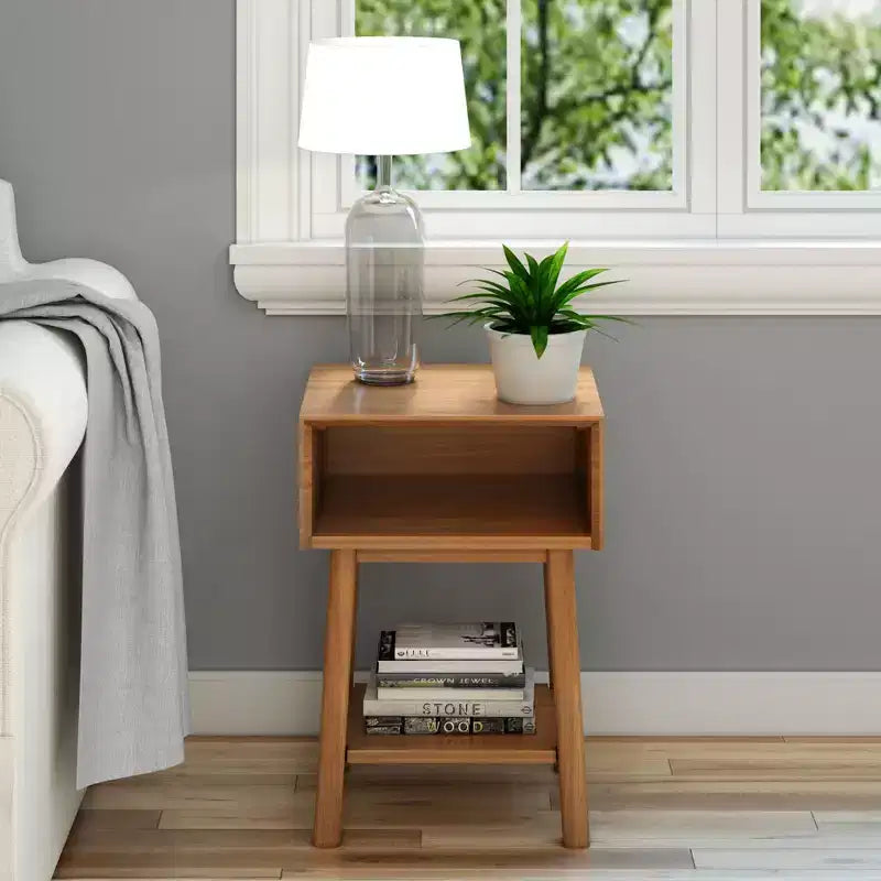 Plank+Beam Mid - Century Modern Nightstand with Cubby Shelf, Solid Wood Bedside Table for Bedroom