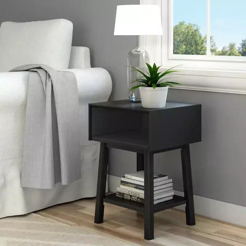 Plank+Beam Mid - Century Modern Nightstand with Cubby Shelf, Solid Wood Bedside Table for Bedroom