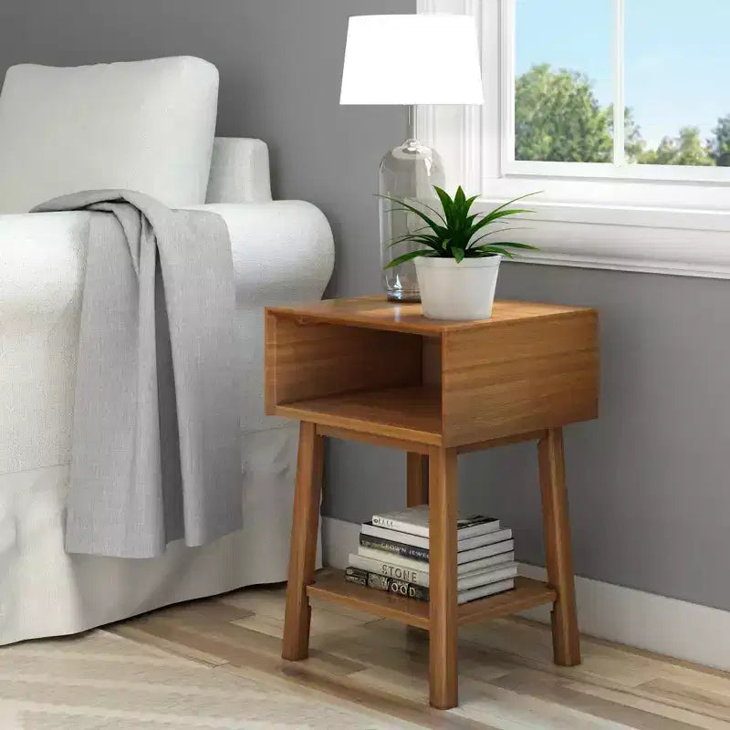 Plank+Beam Mid - Century Modern Nightstand with Cubby Shelf, Solid Wood Bedside Table for Bedroom