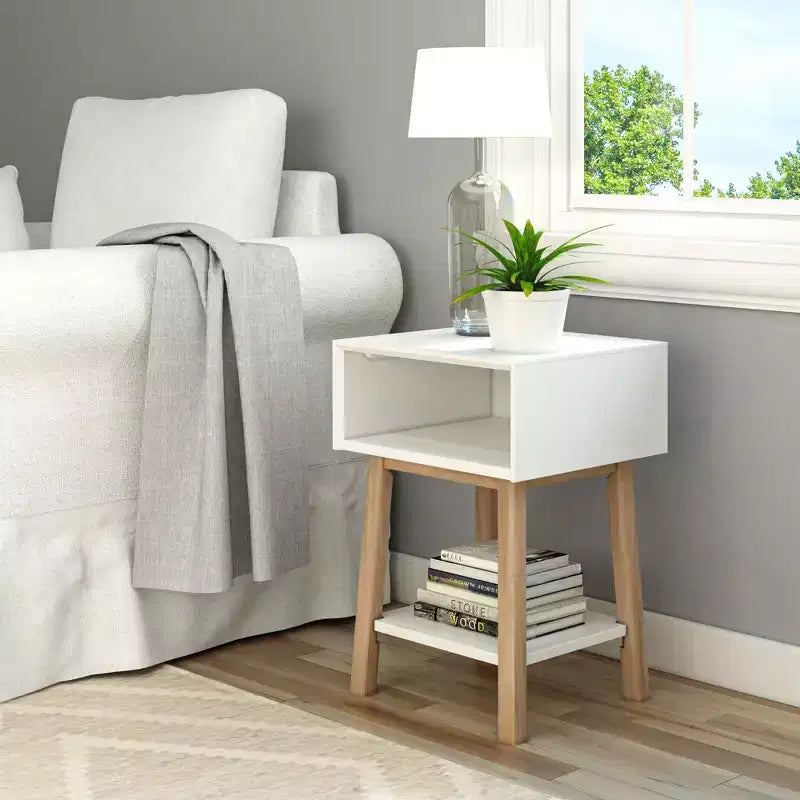 Plank+Beam Mid - Century Modern Nightstand with Cubby Shelf, Solid Wood Bedside Table for Bedroom