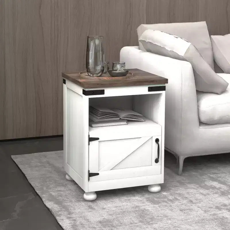 HOMCOM Small Side Table, Farmhouse End Table with Open Shelf and Cupboard, Modern Sofa Table with Wood Legs for Living Room