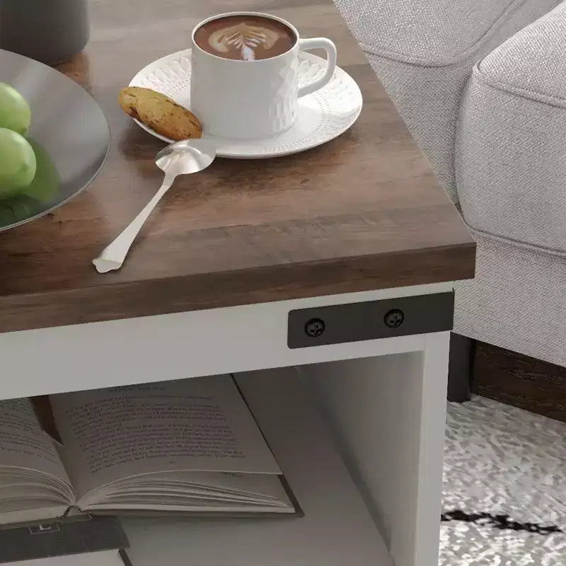 HOMCOM Small Side Table, Farmhouse End Table with Open Shelf and Cupboard, Modern Sofa Table with Wood Legs for Living Room