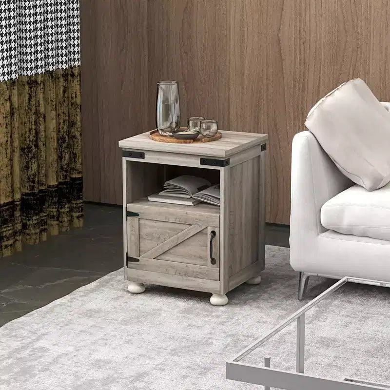 HOMCOM Small Side Table, Farmhouse End Table with Open Shelf and Cupboard, Modern Sofa Table with Wood Legs for Living Room