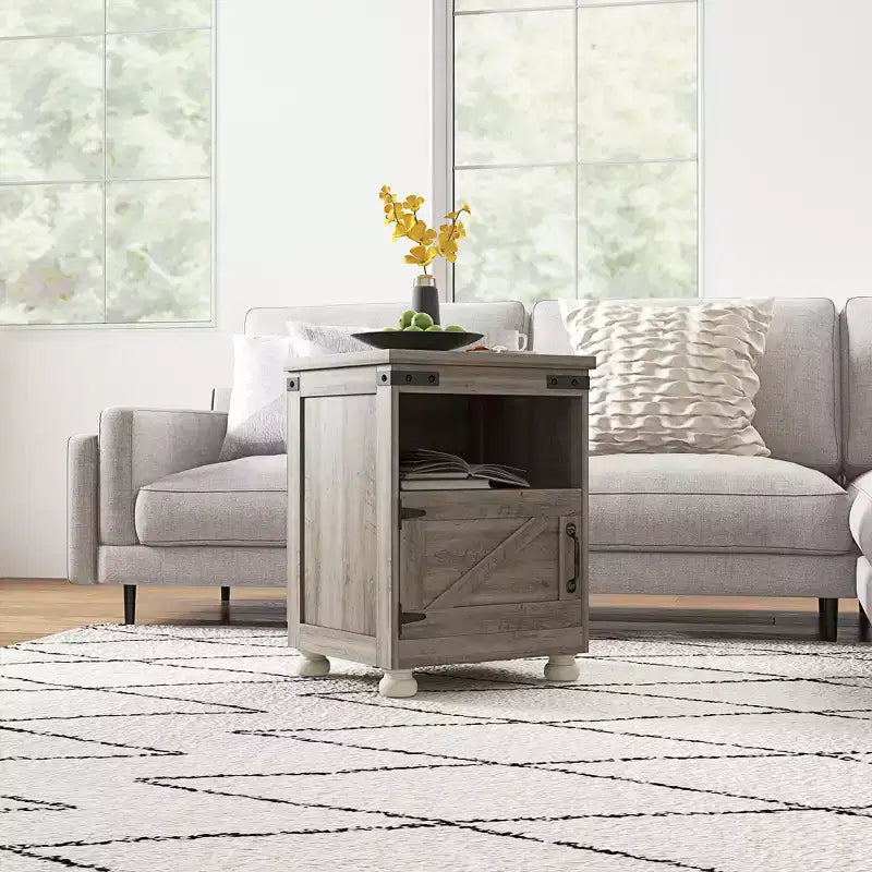 HOMCOM Small Side Table, Farmhouse End Table with Open Shelf and Cupboard, Modern Sofa Table with Wood Legs for Living Room