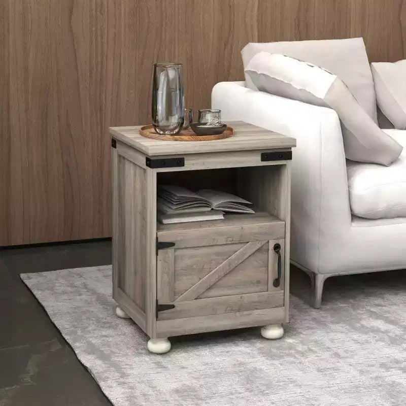 HOMCOM Small Side Table, Farmhouse End Table with Open Shelf and Cupboard, Modern Sofa Table with Wood Legs for Living Room