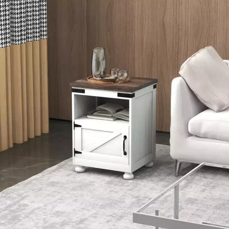 HOMCOM Small Side Table, Farmhouse End Table with Open Shelf and Cupboard, Modern Sofa Table with Wood Legs for Living Room