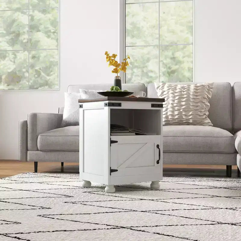 HOMCOM Small Side Table, Farmhouse End Table with Open Shelf and Cupboard, Modern Sofa Table with Wood Legs for Living Room