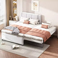 Full Size Linen Upholstered Platform Bed with Trundle, Trundle Can Be Flat or Erected, 4Q -ModernLuxe