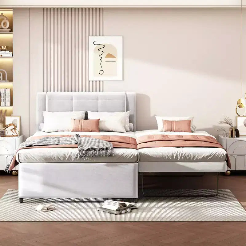 Full Size Linen Upholstered Platform Bed with Trundle, Trundle Can Be Flat or Erected, 4Q -ModernLuxe