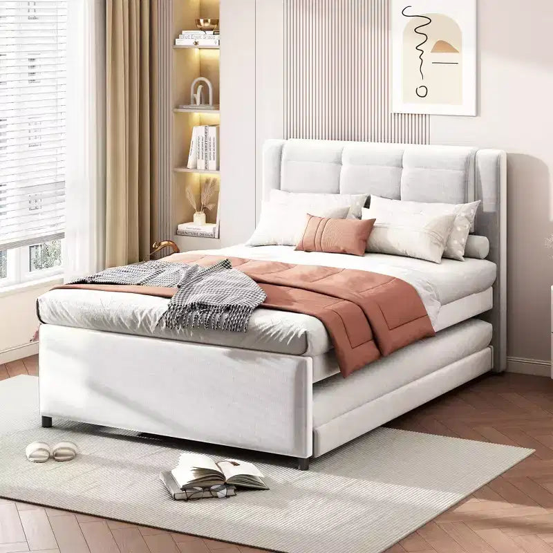 Full Size Linen Upholstered Platform Bed with Trundle, Trundle Can Be Flat or Erected, 4Q -ModernLuxe