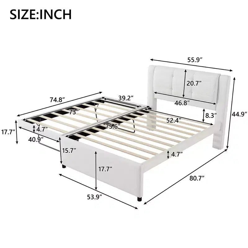 Full Size Linen Upholstered Platform Bed with Trundle, Trundle Can Be Flat or Erected, 4Q -ModernLuxe
