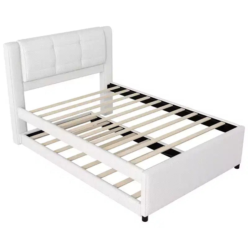Full Size Linen Upholstered Platform Bed with Trundle, Trundle Can Be Flat or Erected, 4Q -ModernLuxe