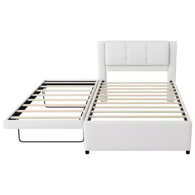 Full Size Linen Upholstered Platform Bed with Trundle, Trundle Can Be Flat or Erected, 4Q -ModernLuxe