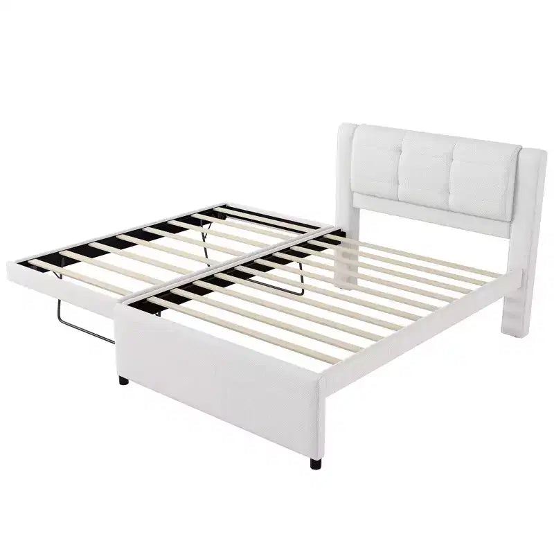 Full Size Linen Upholstered Platform Bed with Trundle, Trundle Can Be Flat or Erected, 4Q -ModernLuxe