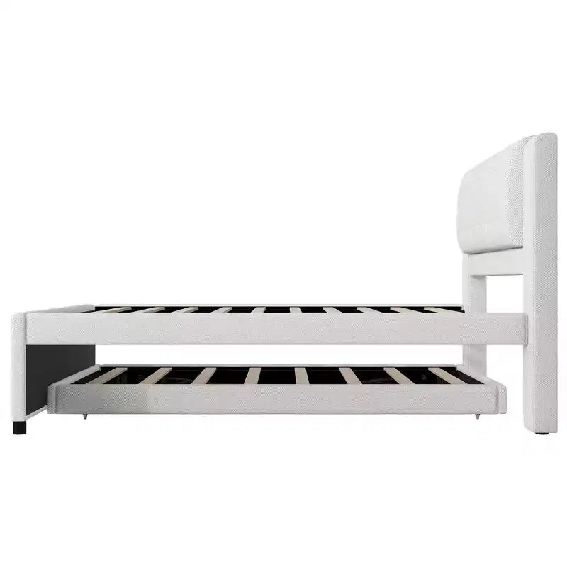 Full Size Linen Upholstered Platform Bed with Trundle, Trundle Can Be Flat or Erected, 4Q -ModernLuxe