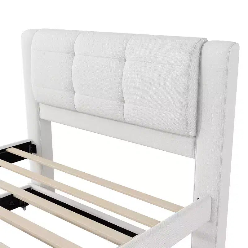 Full Size Linen Upholstered Platform Bed with Trundle, Trundle Can Be Flat or Erected, 4Q -ModernLuxe