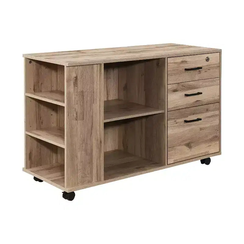AndMakers 3-Drawer 39in. W Rolling Lateral Filing Cabinet with Locker and Open Storage Shelves for Home Office and Kids Room