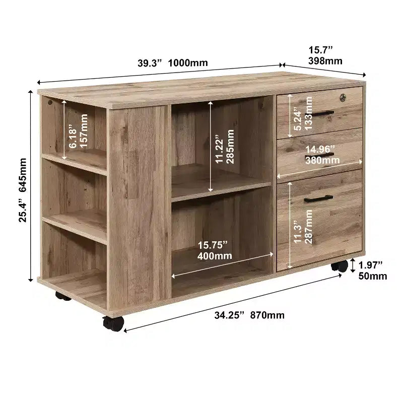 AndMakers 3-Drawer 39in. W Rolling Lateral Filing Cabinet with Locker and Open Storage Shelves for Home Office and Kids Room