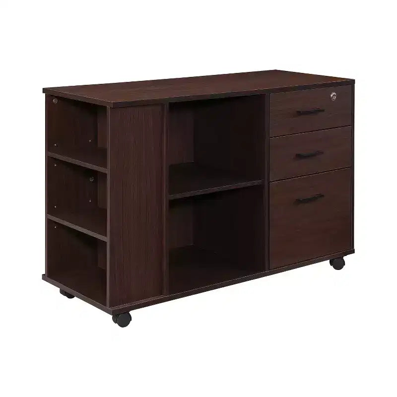 AndMakers 3-Drawer 39in. W Rolling Lateral Filing Cabinet with Locker and Open Storage Shelves for Home Office and Kids Room