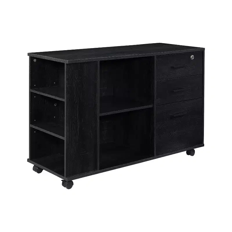 AndMakers 3-Drawer 39in. W Rolling Lateral Filing Cabinet with Locker and Open Storage Shelves for Home Office and Kids Room