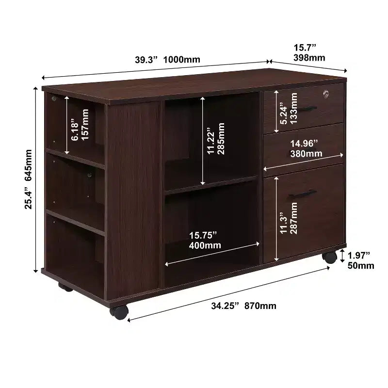 AndMakers 3-Drawer 39in. W Rolling Lateral Filing Cabinet with Locker and Open Storage Shelves for Home Office and Kids Room