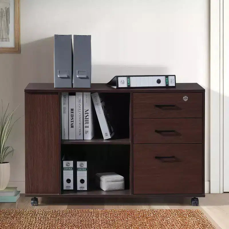 AndMakers 3-Drawer 39in. W Rolling Lateral Filing Cabinet with Locker and Open Storage Shelves for Home Office and Kids Room