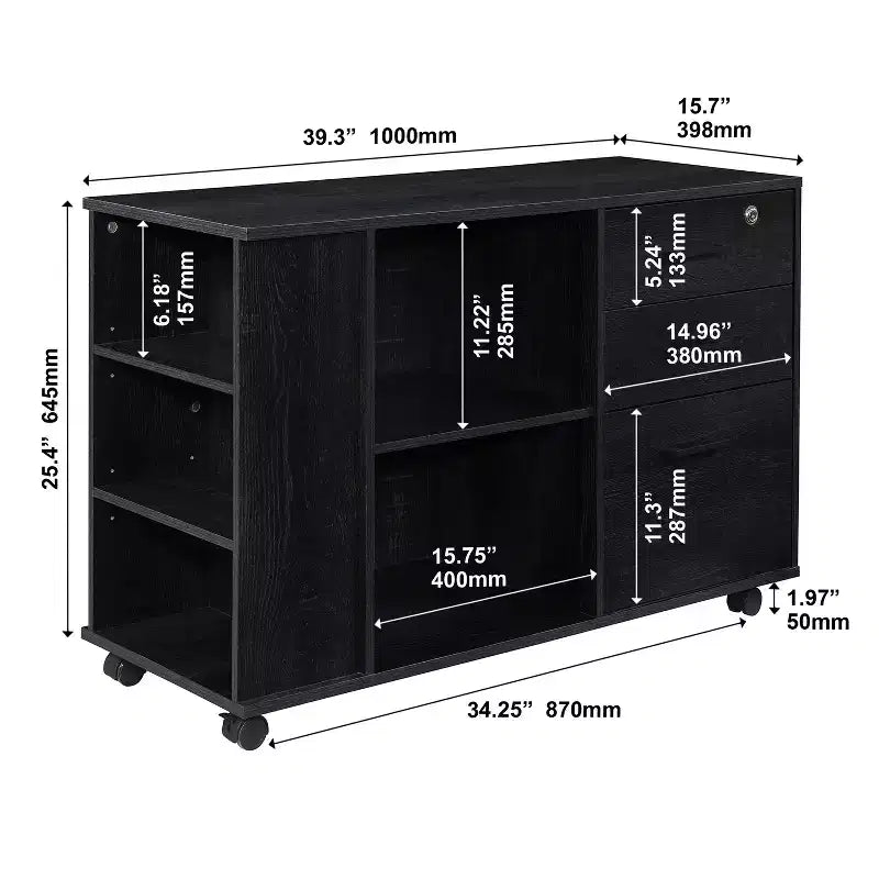 AndMakers 3-Drawer 39in. W Rolling Lateral Filing Cabinet with Locker and Open Storage Shelves for Home Office and Kids Room