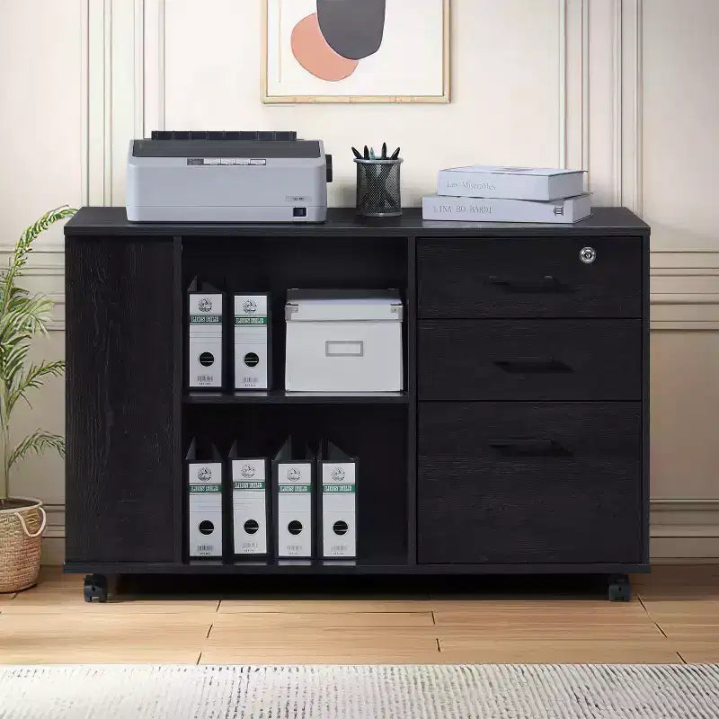 AndMakers 3-Drawer 39in. W Rolling Lateral Filing Cabinet with Locker and Open Storage Shelves for Home Office and Kids Room