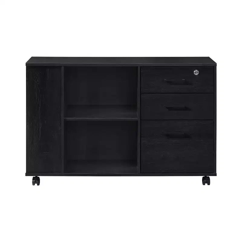 AndMakers 3-Drawer 39in. W Rolling Lateral Filing Cabinet with Locker and Open Storage Shelves for Home Office and Kids Room