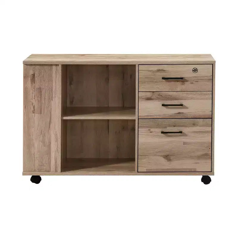AndMakers 3-Drawer 39in. W Rolling Lateral Filing Cabinet with Locker and Open Storage Shelves for Home Office and Kids Room