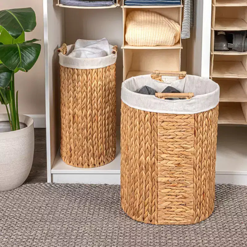 Handwoven Water Hyacinth Oval Hamper Set with Cotton Lining, Natural, Set of 2