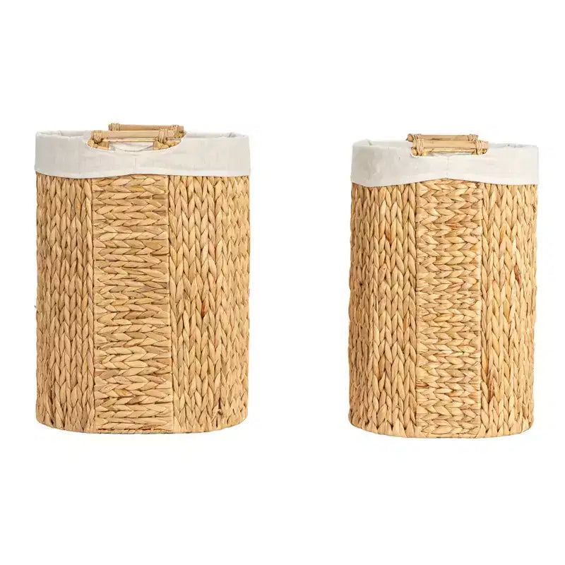 Handwoven Water Hyacinth Oval Hamper Set with Cotton Lining, Natural, Set of 2
